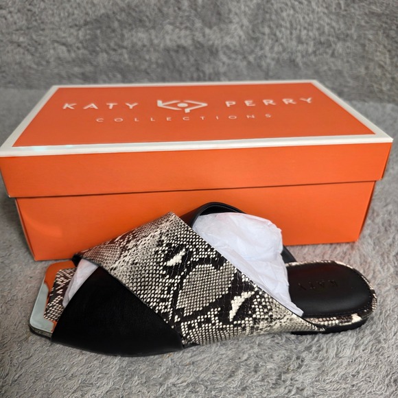 Katy Perry Collections Shoes - Katy Perry Snakeskin Slide‎ Flat Sandals Black White Metal Toe Accent 7M NEW
